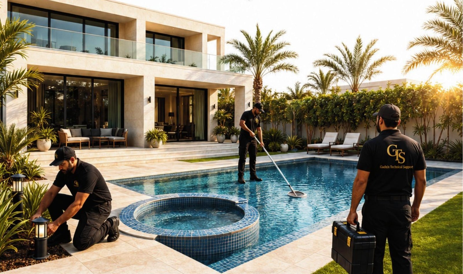 Gadeix technicians servicing a villa pool