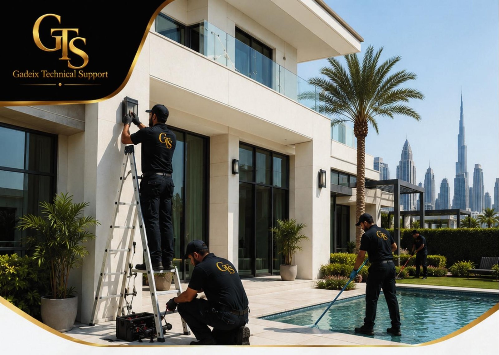 Technicians servicing a luxury Dubai villa with the Burj Khalifa skyline in the background