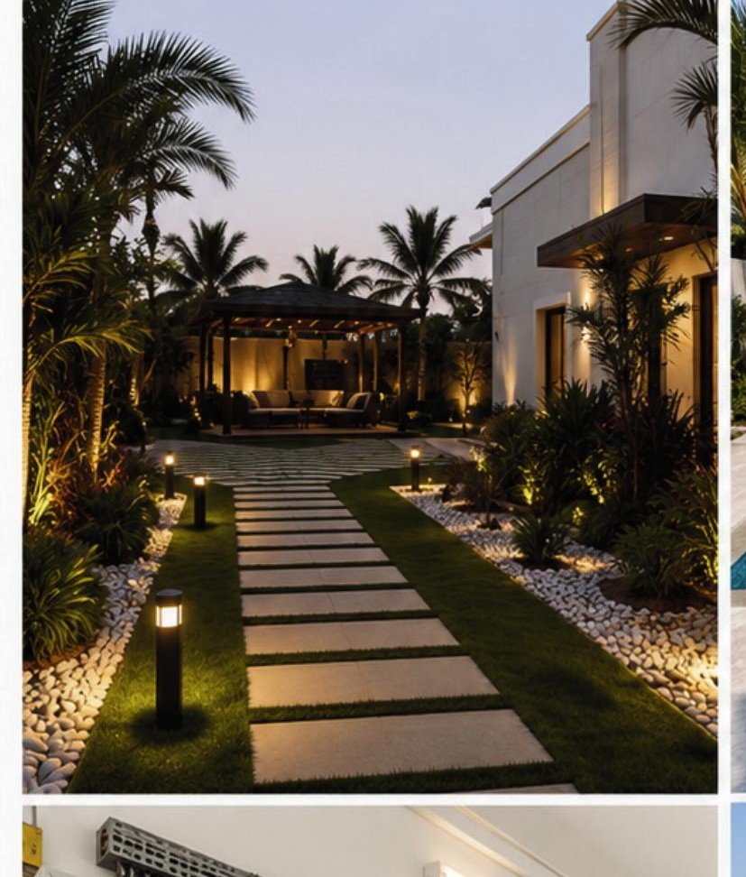 Landscaped garden pathway with ambient lighting