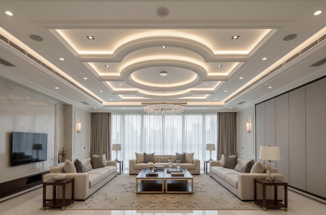Luxury residential gypsum false ceiling with integrated lighting