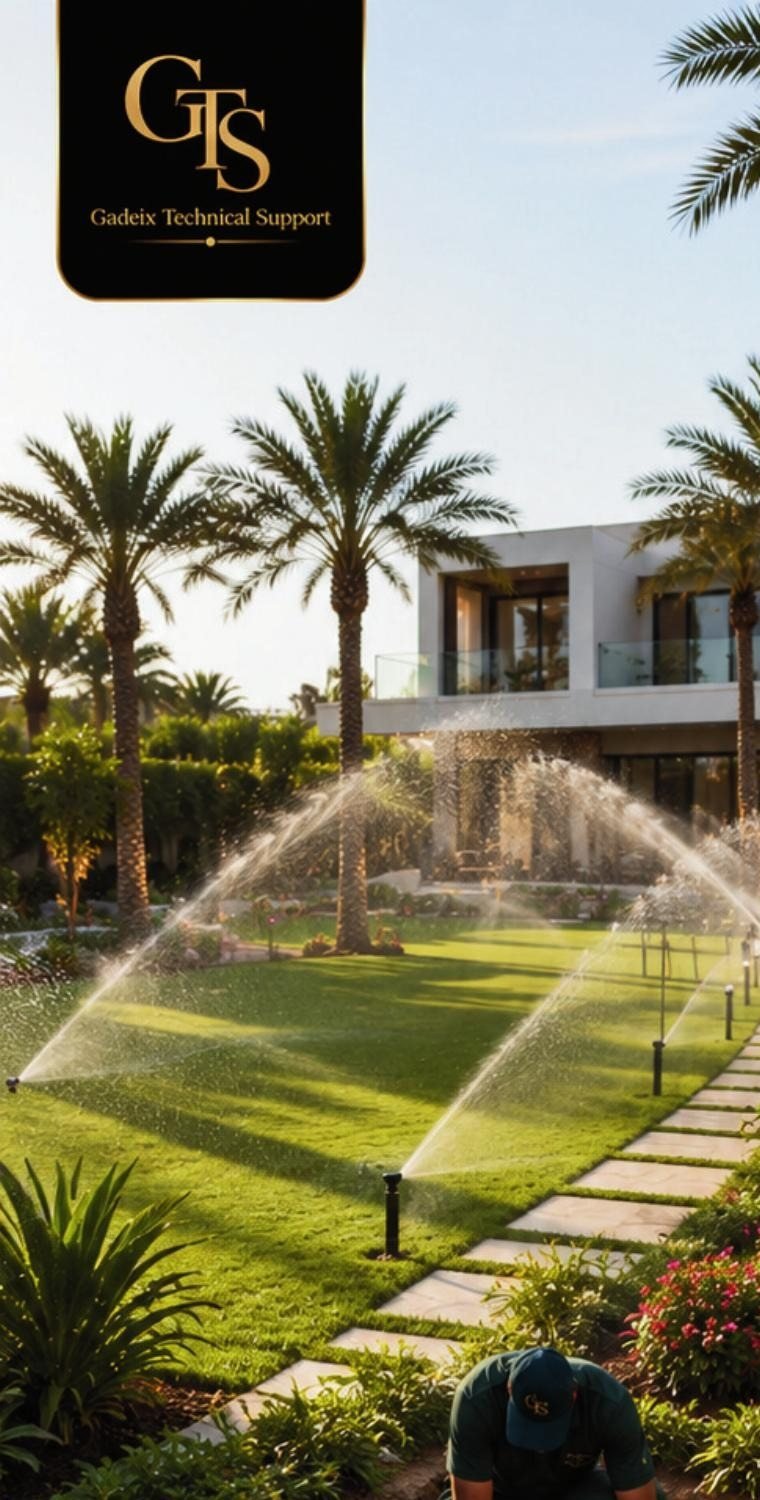 Irrigation system installation in a landscaped garden