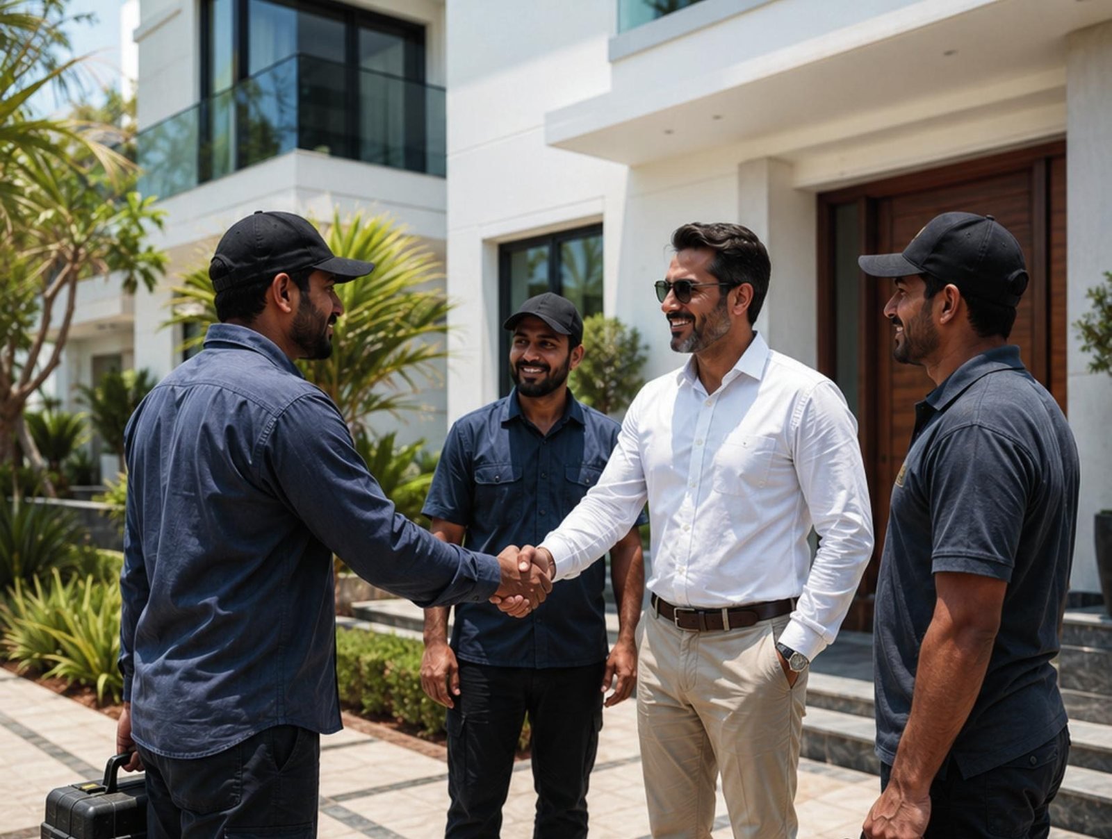 Gadeix team greeting a client outside a Dubai villa